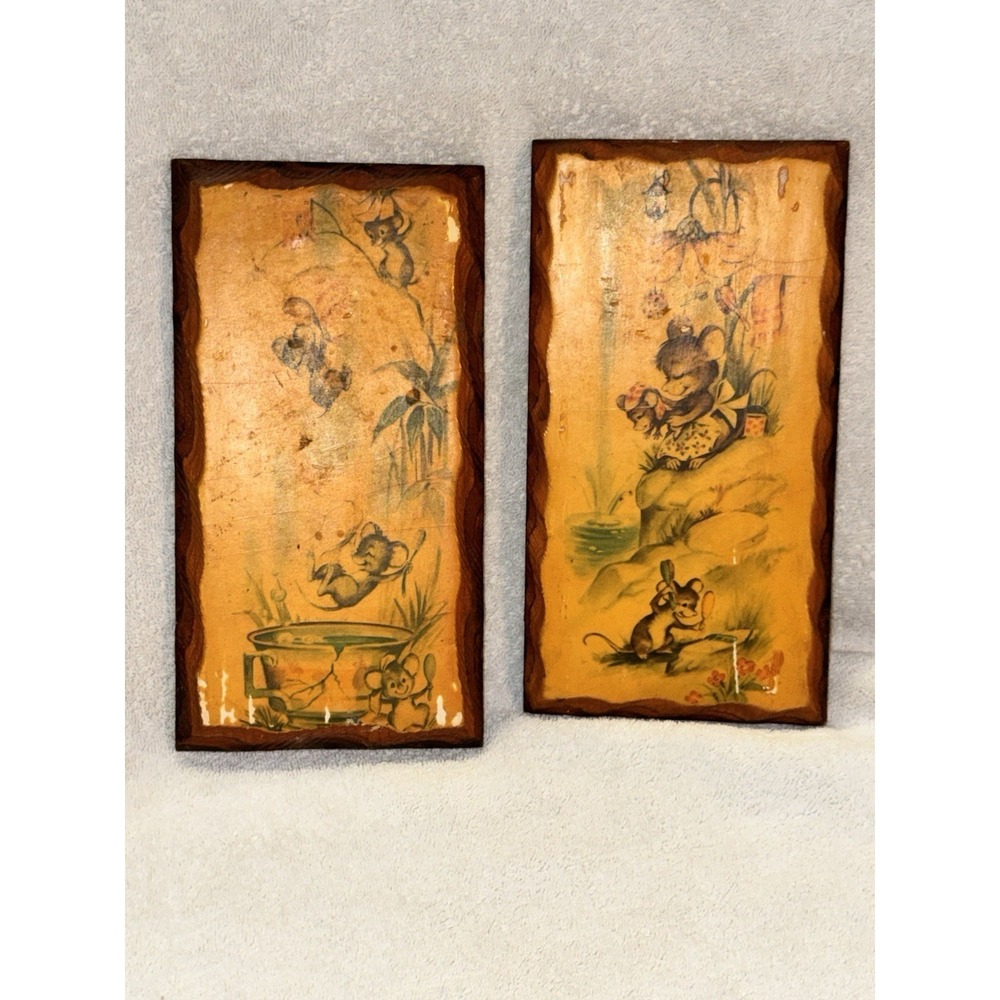 Vintage Mouse Bath Time Wall Plaques Pair Wood Nursery Bathroom Decor 8.5"